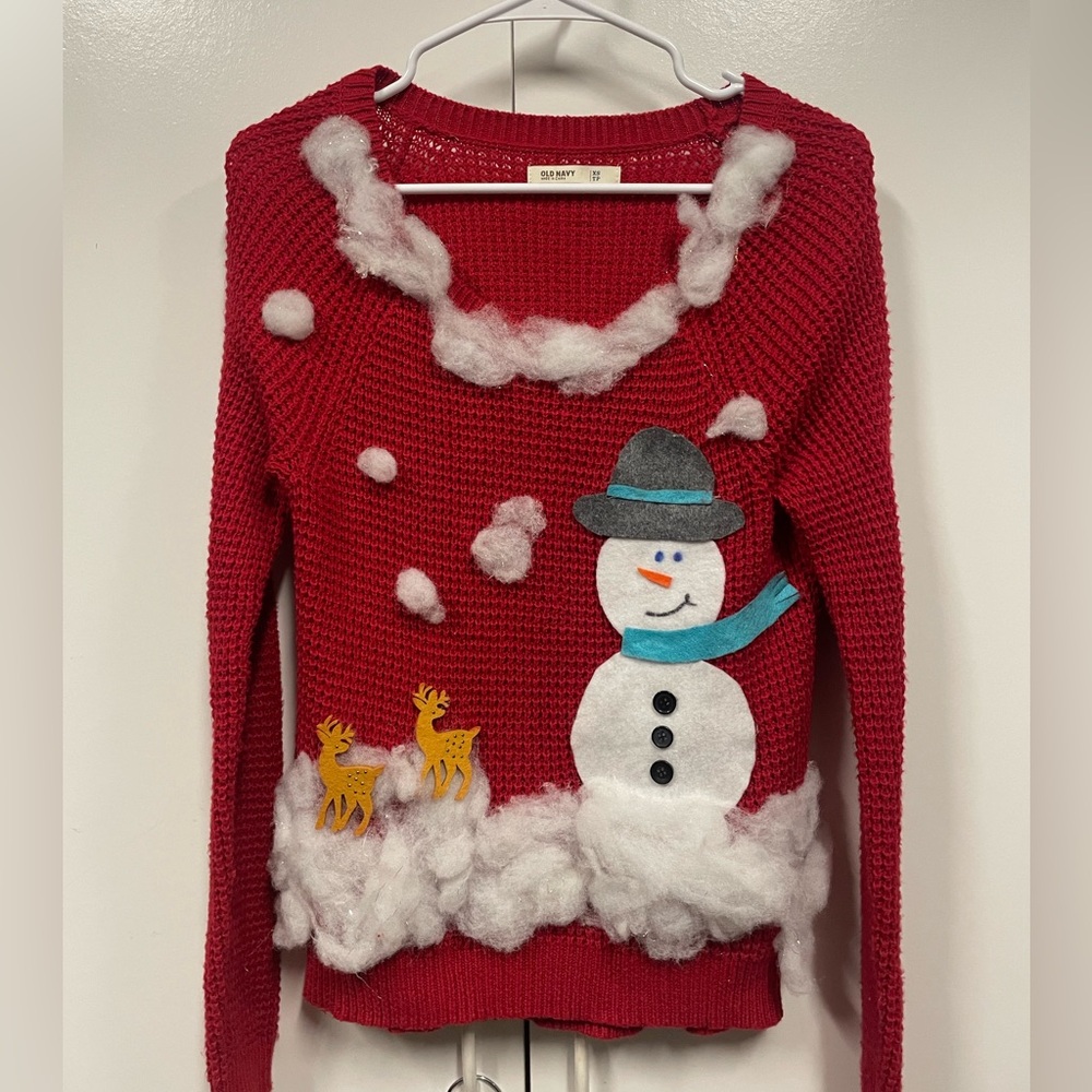 Handmade ugly Christmas sweater - snowman added to old navy sweater. XS